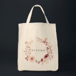 Autumn Romance Floral Wreath Personalize Grocery Tote Bag<br><div class="desc">This personalized grocery tote bag features a watercolor flower wreath of dahlia,  garden rose,  peony,  and poppy in burgundy red,  maroon,  blush pink over fall leaves. For more advanced customization of this design,  please click the BLUE DESIGN TOOL BUTTON. Matching items are also available.</div>