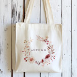 Autumn Romance Floral Wreath Personalize Tote Bag<br><div class="desc">This personalized tote bag features a watercolor flower wreath of dahlia,  garden rose,  peony,  and poppy in burgundy red,  maroon,  blush pink over fall leaves. For more advanced customization of this design,  please click the BLUE DESIGN TOOL BUTTON. Matching items are also available.</div>