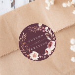 Autumn Romance Floral Wreath Wedding Burgundy  Classic Round Sticker<br><div class="desc">This wedding sticker features a watercolor flower wreath of dahlias,  garden roses,  peony,  and poppy in burgundy red,  maroon,  blush pink over fall leaves. For more advanced customization of this design,  please click the BLUE DESIGN TOOL BUTTON. Matching items are also available.</div>