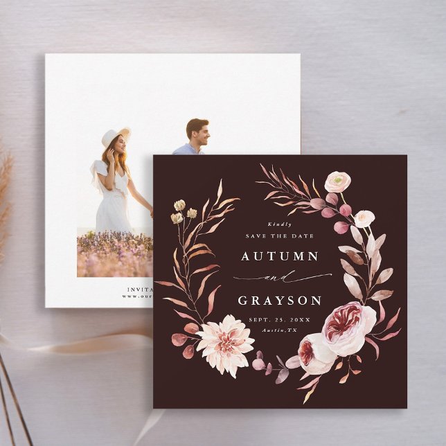 Autumn Romance Floral Wreath Wedding Photo Save The Date (Front & Back)