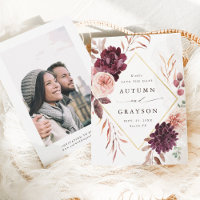 Autumn Romance Gold Frame Burgundy Wedding Photo