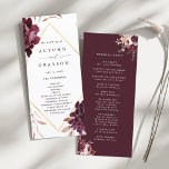 Autumn Romance Gold Frame Burgundy Wedding Program<br><div class="desc">This wedding ceremony program features a watercolor flower wreath of dahlias,  garden roses,  and peony in burgundy red,  maroon,  blush pink over fall leaves with a faux gold diamond shape frame. For more advanced customization of this design,  please click the BLUE DESIGN TOOL BUTTON. Matching items are also available.</div>