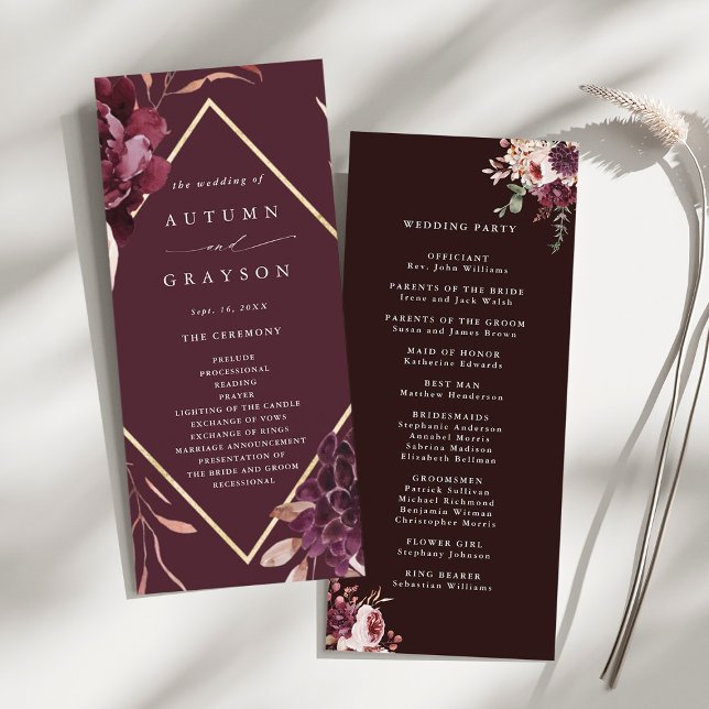 Autumn Romance Gold Frame Burgundy Wedding  Program (Front & Back)