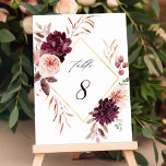 Autumn Romance Gold Frame Burgundy Wedding Table Number<br><div class="desc">This wedding table number features a watercolor flower wreath of dahlias,  garden roses,  and peony in burgundy red,  maroon,  blush pink over fall leaves with a faux gold diamond shape frame. For more advanced customization of this design,  please click the BLUE DESIGN TOOL BUTTON. Matching items are also available.</div>