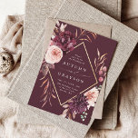 Autumn Romance Gold Frame Floral Wedding Invitation<br><div class="desc">This wedding invitation features a watercolor flower wreath of dahlias,  garden roses,  and peony in burgundy red,  maroon,  blush pink over fall leaves with a faux gold diamond shape frame. For more advanced customization of this design,  please click the BLUE DESIGN TOOL BUTTON. Matching items are also available.</div>