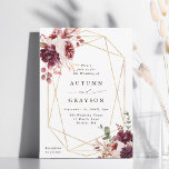 Autumn Romance Gold Geometric Frame Wedding  Invitation<br><div class="desc">This wedding invitation features watercolor flower bouquets of dahlia,  garden rose,  peony,  pampas grass,  and hydrangea in burgundy red,  terracotta,  blush pink over fall leaves with a faux gold geometric frame. For more advanced customization of this design,  please click the BLUE DESIGN TOOL BUTTON. Matching items are also available.</div>