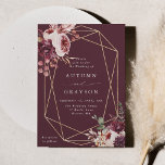 Autumn Romance Gold Geometric Watercolor Wedding Invitation<br><div class="desc">This wedding invitation features watercolor flower bouquets of dahlia,  garden rose,  peony,  pampas grass,  and hydrangea in burgundy red,  terracotta,  blush pink over fall leaves with a faux gold geometric frame. For more advanced customization of this design,  please click the BLUE DESIGN TOOL BUTTON. Matching items are also available.</div>