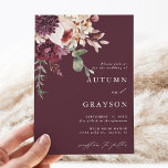 Autumn Romance Watercolor Floral Wedding Elegant Invitation<br><div class="desc">This wedding invitation features a watercolor flower bouquet of dahlia,  garden rose,  and hydrangea in burgundy red,  maroon,  blush pink over fall leaves. For more advanced customization of this design,  please click the BLUE DESIGN TOOL BUTTON. Matching items are also available.</div>