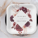 Autumn Romance Watercolor Floral Wedding Paper Plate<br><div class="desc">This wedding paper plate features a watercolor flower wreath of dahlias,  garden roses,  and peony in burgundy red,  maroon,  blush pink over fall leaves with a diamond shape frame. For more advanced customization of this design,  please click the BLUE DESIGN TOOL BUTTON. Matching items are also available.</div>