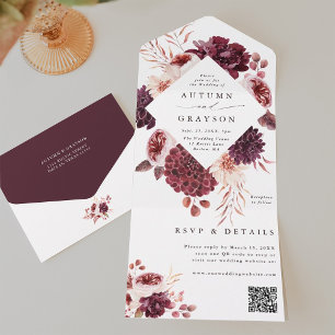 Autumn Romance Watercolor Floral Wedding QR Code All In One Invitation