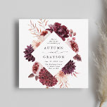 Autumn Romance Watercolor Floral Wedding Square Invitation<br><div class="desc">This wedding invitation features a watercolor flower wreath of dahlias,  garden roses,  and peony in burgundy red,  maroon,  blush pink over fall leaves with a diamond shape frame. For more advanced customization of this design,  please click the BLUE DESIGN TOOL BUTTON. Matching items are also available.</div>