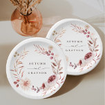 Autumn Romance Watercolor Floral Wreath Wedding  Paper Plate<br><div class="desc">This wedding paper plate features a watercolor flower wreath of dahlia,  garden rose,  peony,  and poppy in burgundy red,  maroon,  blush pink over fall leaves. For more advanced customization of this design,  please click the BLUE DESIGN TOOL BUTTON. Matching items are also available.</div>