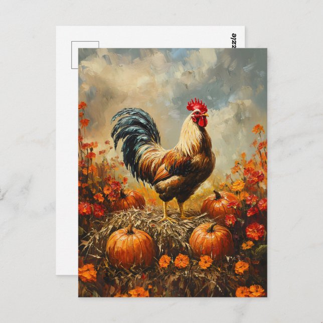 Autumn Rooster with Pumpkins Postcard (Front/Back)