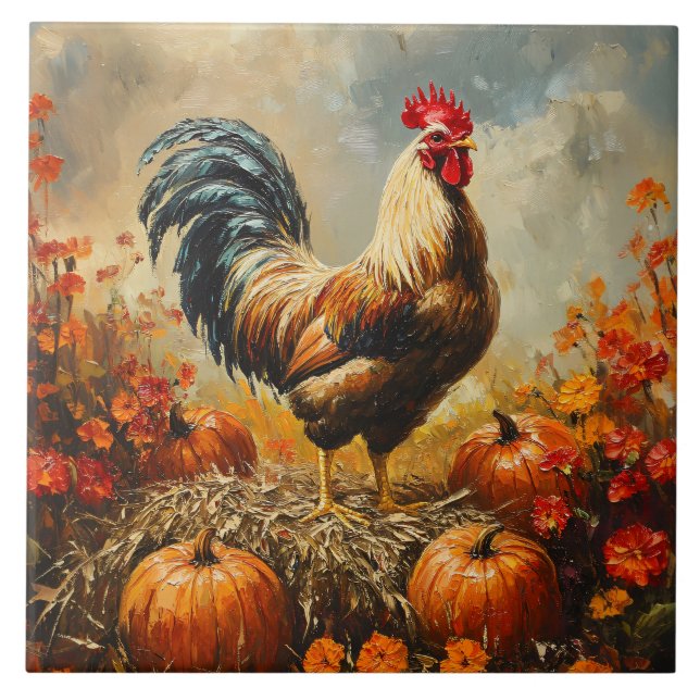 Autumn Rooster with Pumpkins Tile (Front)