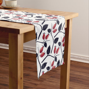 Autumn Rose Hip and Branch Pattern White Long Table Runner