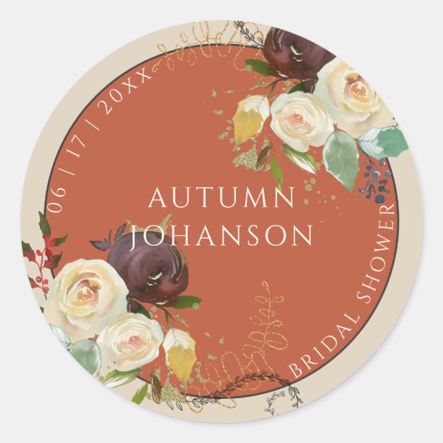 Autumn Roses Bridal Shower Classic Round Sticker (Front)
