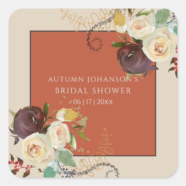 Autumn Roses Bridal Shower Square Sticker (Front)
