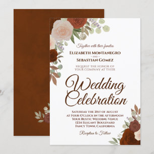Autumn Roses Elegant Rust Orange Wedding Invitation