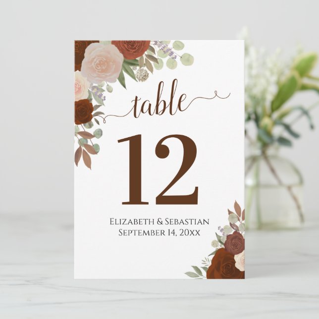 Autumn Roses Wedding Table Number Card Large (Standing Front)
