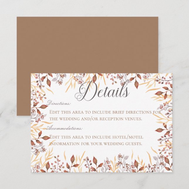 Autumn Rust & Brown Boho Modern Details Wedding Enclosure Card (Front/Back)