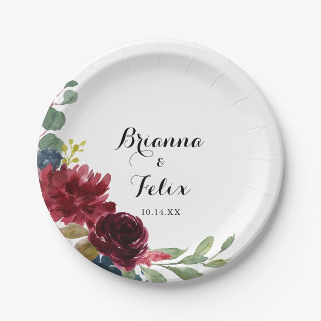 Autumn Rustic Burgundy Calligraphy Wedding Cake Paper Plate (Front)