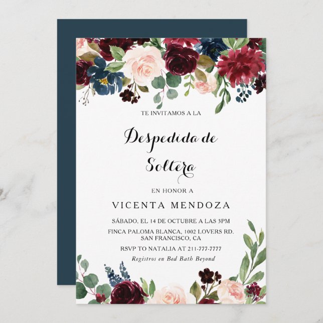 Autumn Rustic Burgundy Spanish Bridal Shower Invitation (Front/Back)