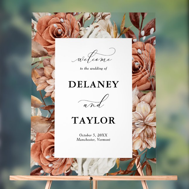 Autumn Rustic Floral Framed Wedding Welcome Acrylic Sign (Neutral)