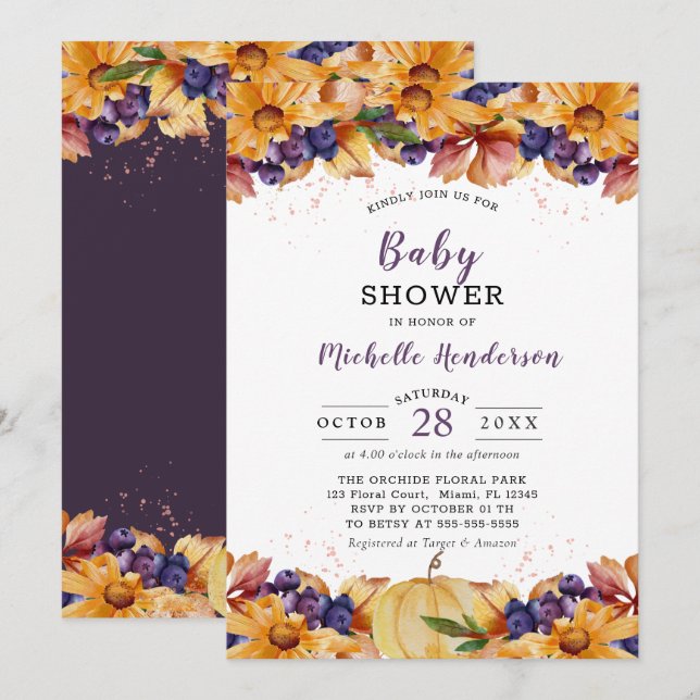 Autumn Rustic floral Purple Baby Shower Invitation (Front/Back)