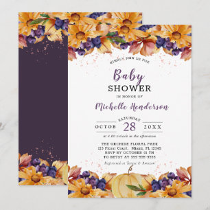 Autumn Rustic floral Purple Baby Shower Invitation