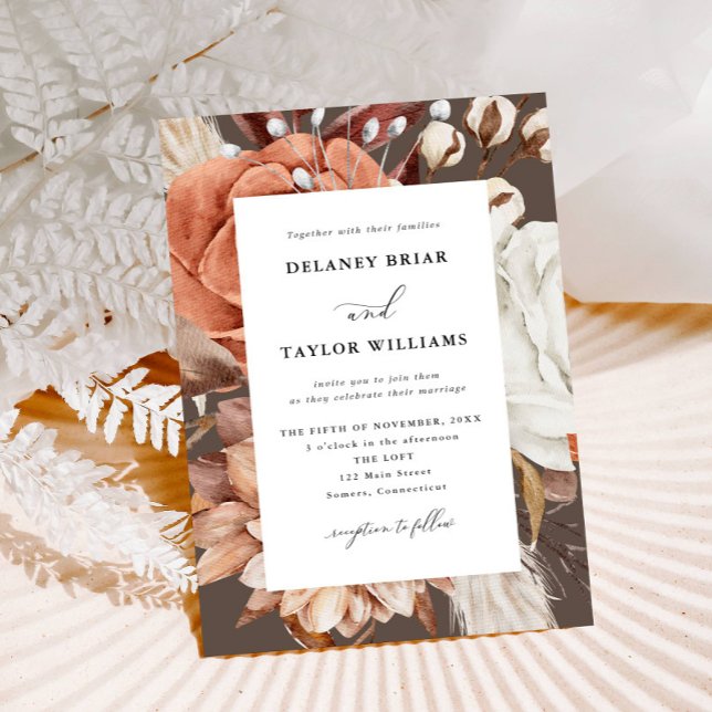 Autumn Rustic Floral, Soft Brown Wedding Invitation (Autumn Beauty: Watercolor Blooms and Fall Leaves )
