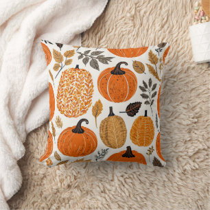Autumn Rustic Orange Pumpkins Foliage Pattern Throw Pillow