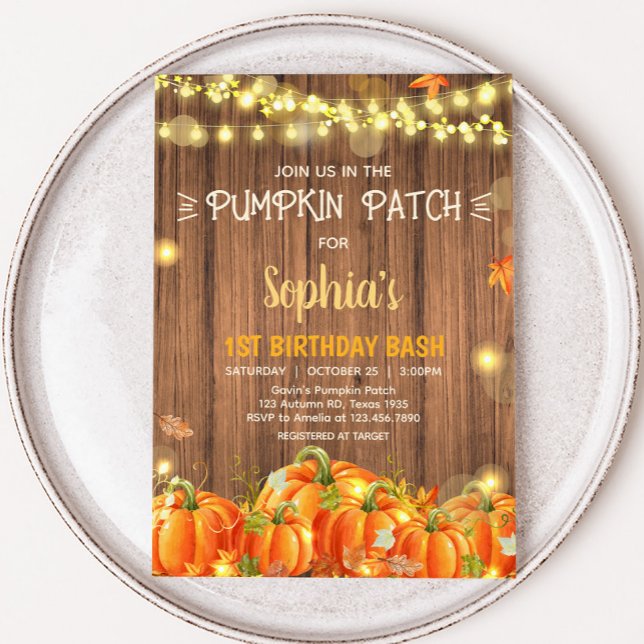 Autumn Rustic Pumpkin Patch Birthday Invitation (Autumn Rustic Pumpkin Patch String Lights Birthday Invitation)