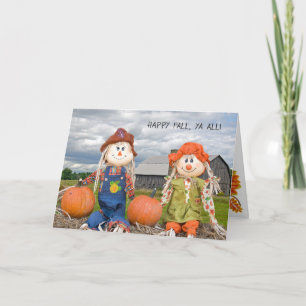 autumn scarecrows on hay bale card