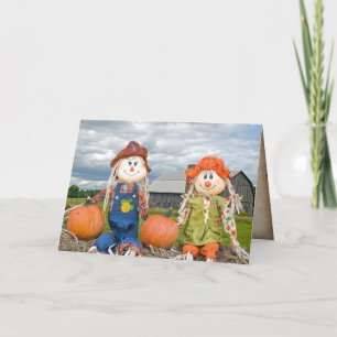 autumn scarecrows on hay bale card