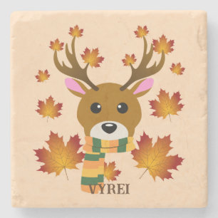 Autumn Scarf Deer Maple Leaves Stone Coaster