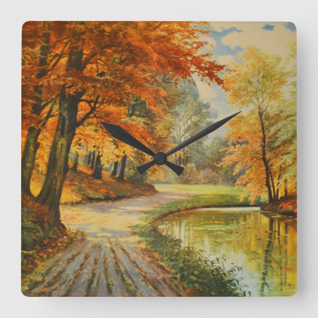 Autumn scene square wall clock (Front)