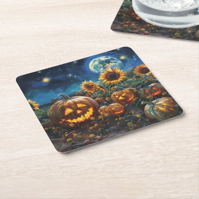 Autumn Scene with Jack-o'-lanterns and Sunflowers Square Paper Coaster (Angled)