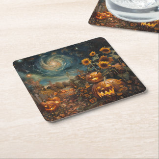 Autumn Scene with Jack-o'-lanterns and Sunflowers Square Paper Coaster