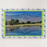 Autumn Scenic Golf Course & Ball Jigsaw Puzzle<br><div class="desc">Golf Course photo.  Golf Ball background.  Greens,  blues.  Water..  Scenic</div>