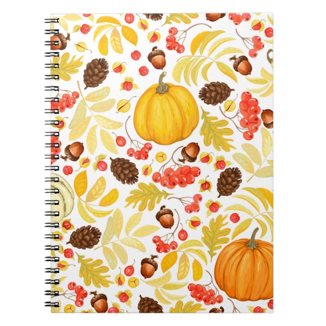 Autumn seamless background with pumpkins, acorns,  notebook (Front)