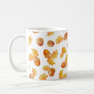 autumn seamless pattern with colorful oak leaves a coffee mug