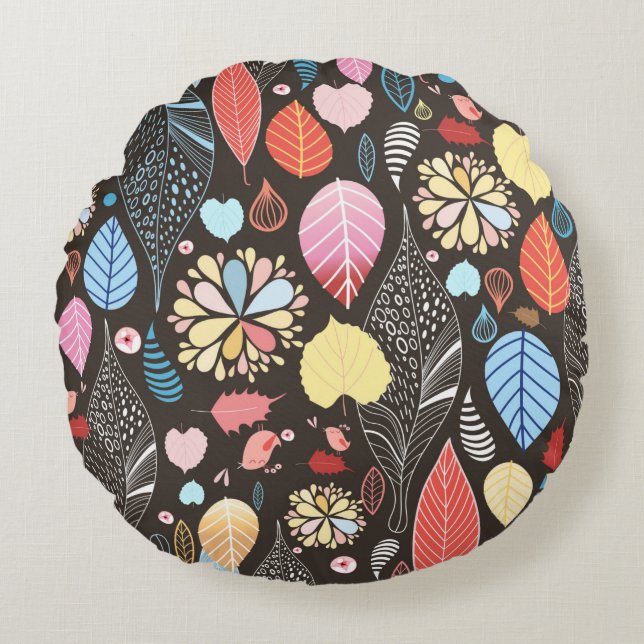 Autumn seamless pattern with colourful leaves and  round pillow (Front)