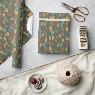 Autumn Season Folk Art Green Leaves Wrapping Paper