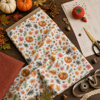 Autumn Season Leaves and Pumpkin Pattern Fabric
