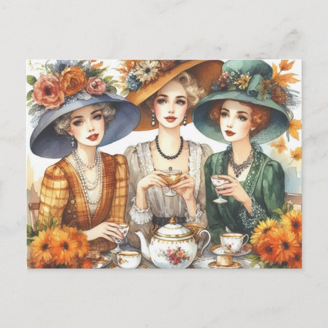 Autumn Season Retro Ladies Tea Postcard (Front)