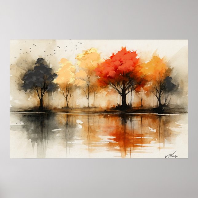 Autumn Serenity - Misty Reflections and Fiery Tree Poster (Front)