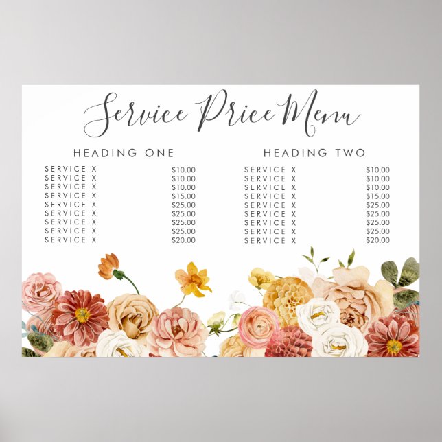 Autumn Service Price Menu Custom Printed Poster (Front)