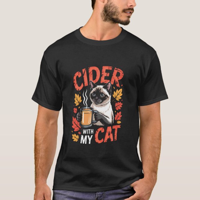 Autumn Siamese Cat with Cider Mug T-Shirt (Front)