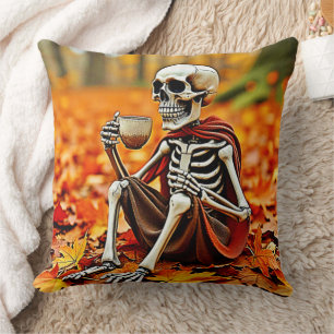Autumn Skeleton Coffee Break Design Throw Pillow