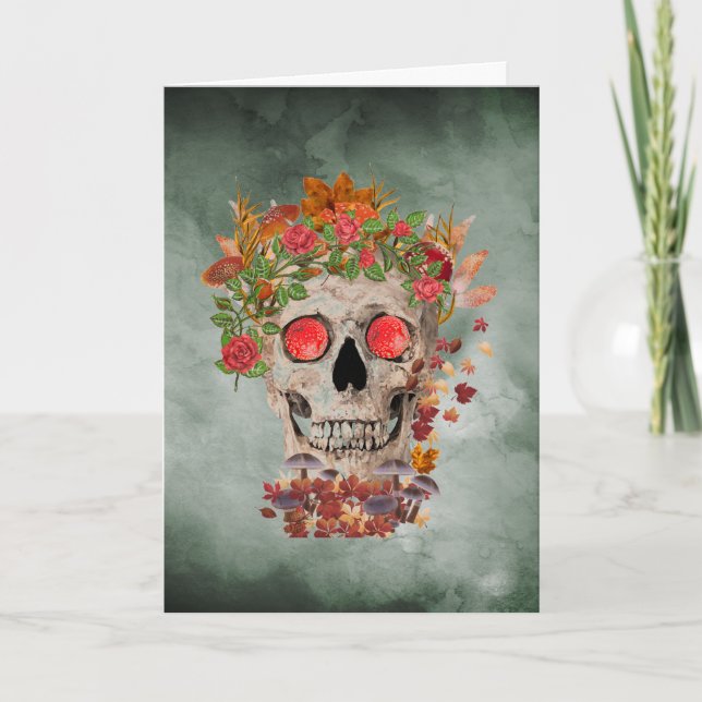 Autumn Skull on Green Background Halloween Card (Front)